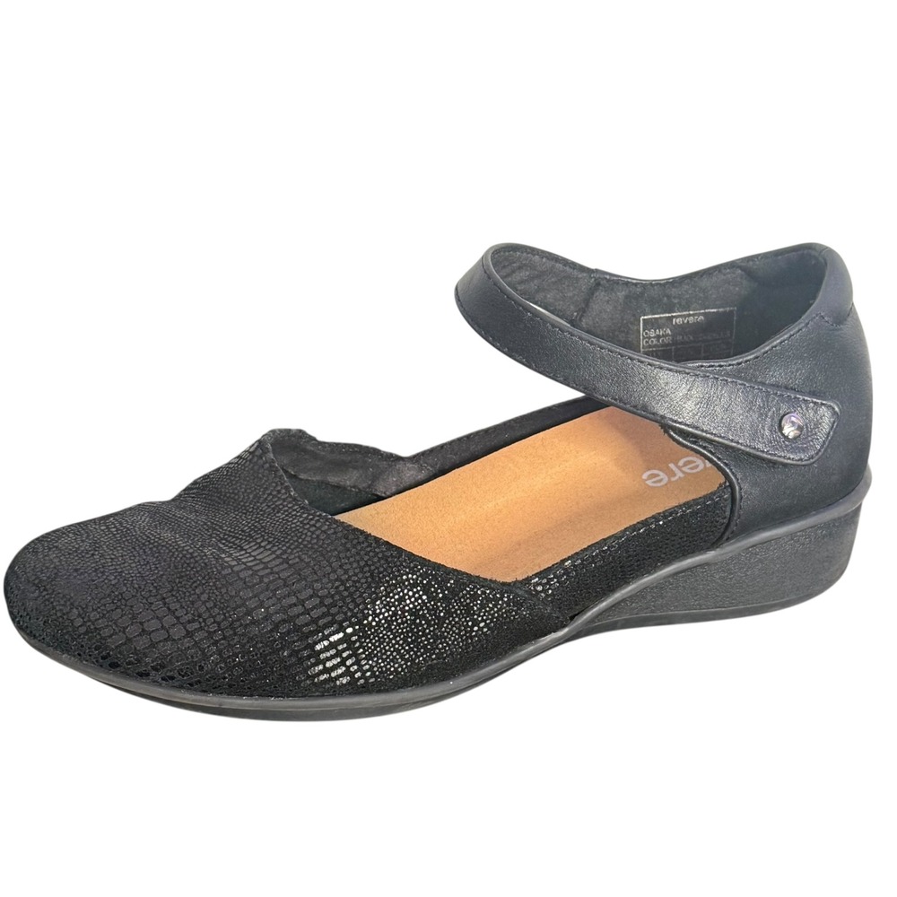 Revere Osaka Mary Jane Comfort Shoes Black Leather Strap Reptile Print 7.5 Wide